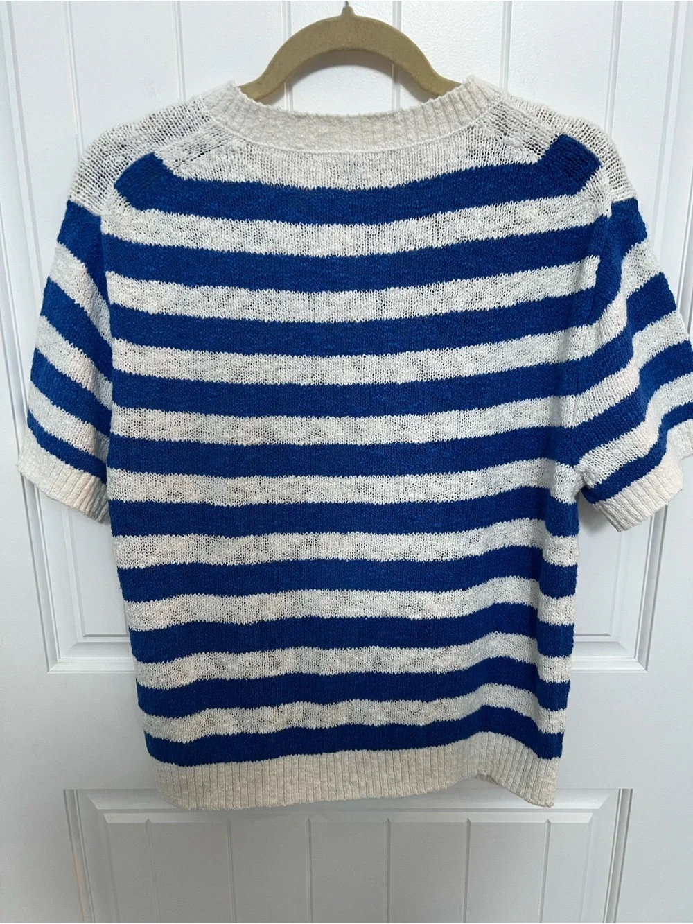 J. Crew Blue and White Striped Button-Front Short Sleeve Cardigan